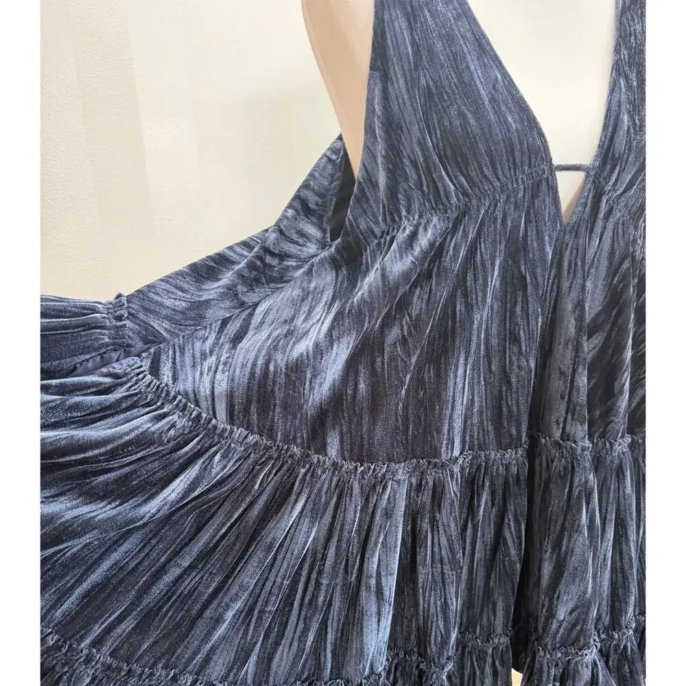 Free People Blue Velvet Tunic Top Boho Tiered Ruffle Deep V Back Tie Sz S